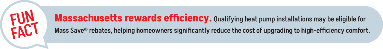 Massachusetts rewards efficiency. Qualifying heat pump installations may be eligible for Mass Save® rebates. The program helps homeowners reduce the cost of upgrading to high-efficiency comfort.