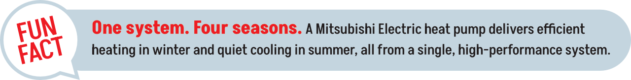 One system. Four seasons. A Mitsubishi Electric Heat Pump delivers efficient heating in winter and quiet cooling in summer, all from a single, high-performance system.
