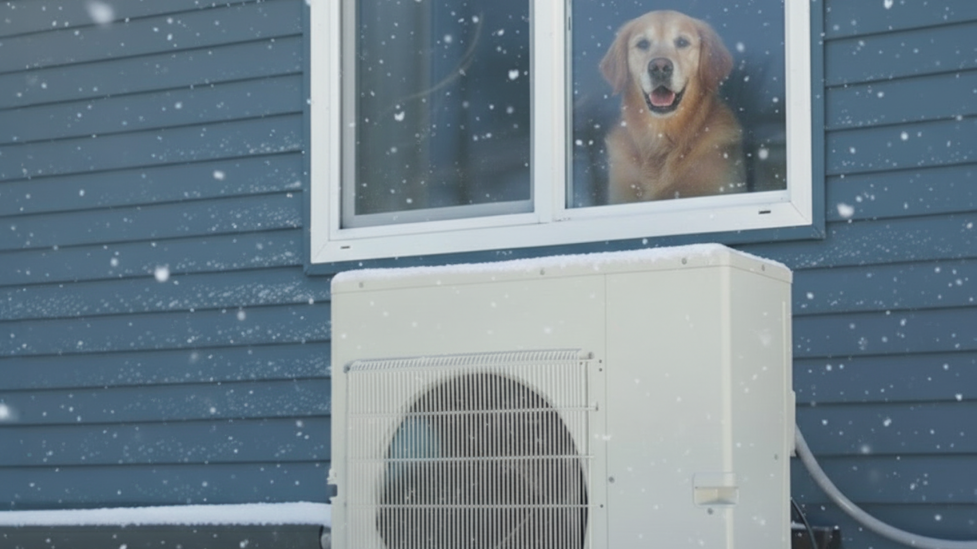Dog in window above Mitsubishi Electric heat pump in winter